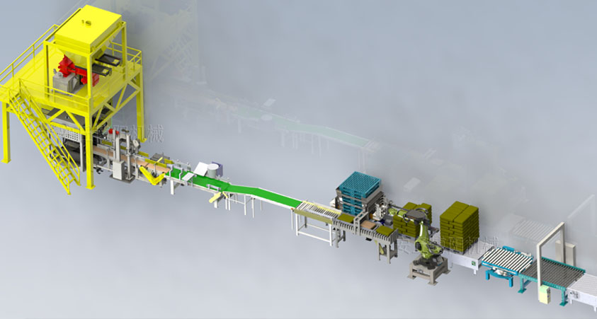 自動(dòng)上袋→自動(dòng)夾袋→定量稱重→自動(dòng)包裝→折邊熱合縫包→自動(dòng)倒袋→金屬檢測(cè)→重量復(fù)檢→整形輸送→自動(dòng)碼垛